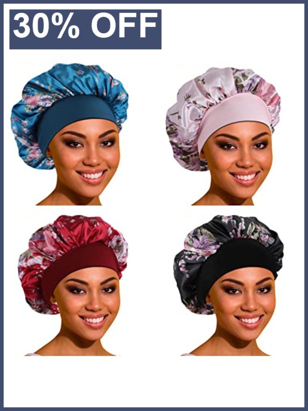 Satin Sleep Bonnet 4 Pack Broad Elastic Band Curly Hair Moisture